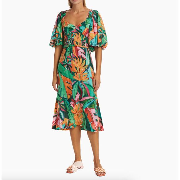NWT Farm Rio Banana Foliage Puff-Sleeve Cotton Voile Midi-Dress - Large - Picture 5 of 16